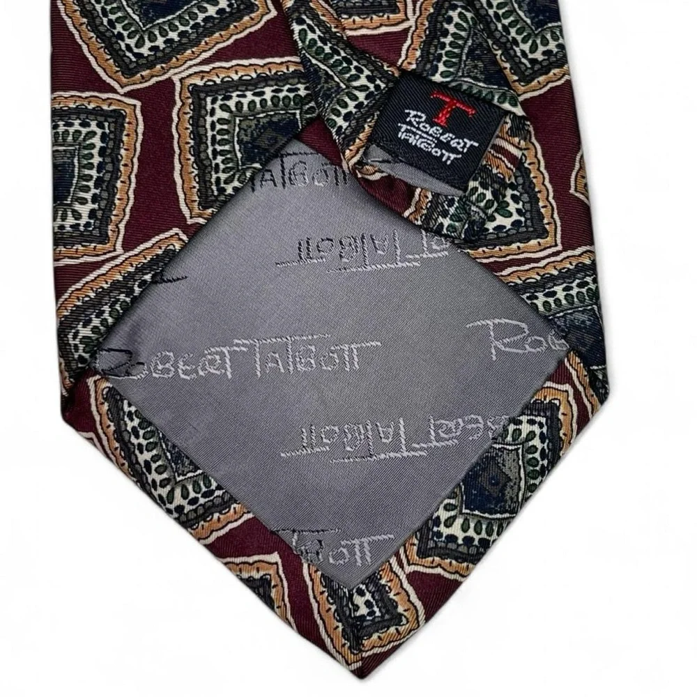 ROBERT TALBOTT Hand Sewn Finest Silk Burgundy Tie w/Square Design Pattern 58